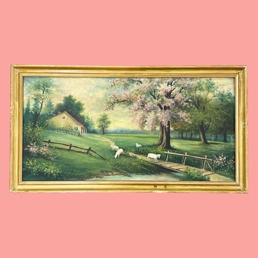 Vintage Farmhouse Painting 1960s Retro Size 18x33 Country + House with Sheep + Dogwood Tree + Acrylic on Hardboard + Wall Art + Home Decor 