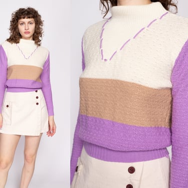 80s Color Block Knit Sweater Top - Small to Medium | Vintage Striped Cropped Mockneck Pullover 