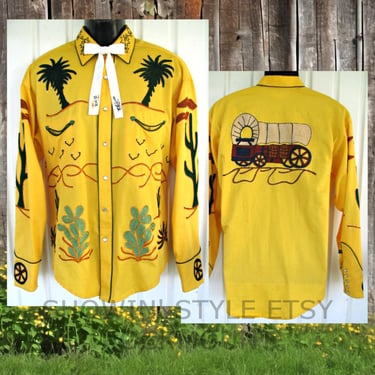 Rockmount Vintage Retro Western Men's Cowboy & Rodeo Shirt, Embroidered Chainstitched Western Designs, Approx XXLarge (see meas. photo) 