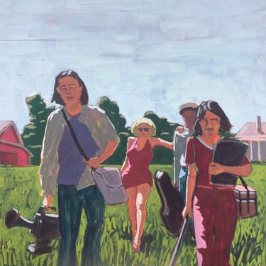 Film Crew in Field - Original Acrylic Painting on Canvas 20 x 20, fine art, retro, figurative, ranch, texas, modern, michael van, vintage 