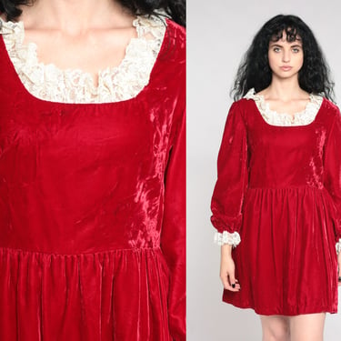 Red Velvet Dress 60s Mini Party Dress Lace Ruffle Mod Dress 70s Boho Vintage 1960s Long Sleeve Bohemian Formal Going Out Large L 