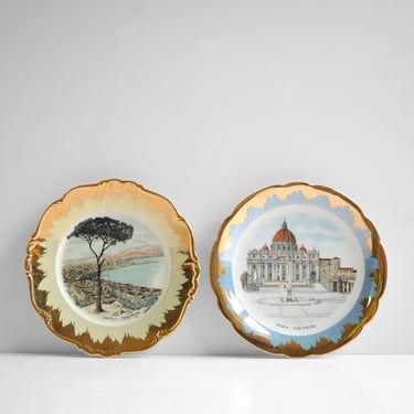 Vintage Pair of Decorative Porcelain Wall Plates of Rome and Naples 