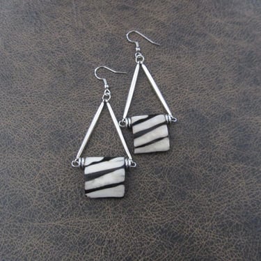 Batik print bone earrings, black and white earrings, silver 