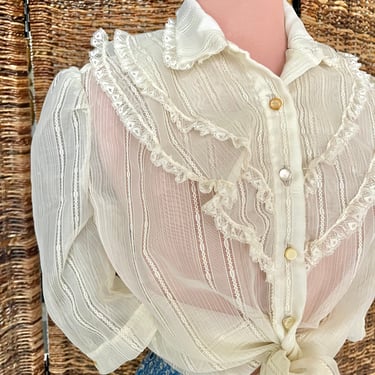 Vintage Button Down Top, Ruffle Front, Sheer Blouse, Victorian,  Lace Trim, High Collar, Vintage 70s 