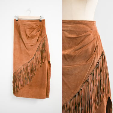 1980s Brown Fringed Suede Midi Skirt 