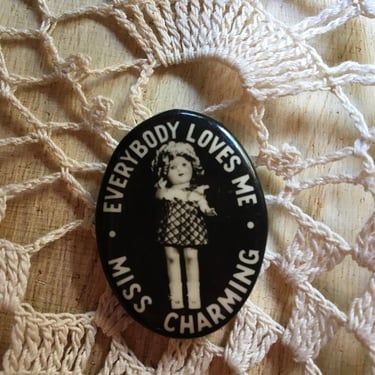 1930's Shirley Temple Small Pin Back, Miss Charming Pin, Everybody Loves Me, A Goldberger Product, Baby Doll Pin, Shirley Temple Button Pin 