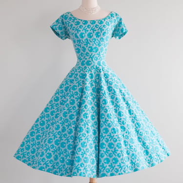 1950's Embroidered Turquoise Cotton Dream Dress / Waist 26