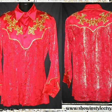 Pzazz Designs, Made for Movie "Rhinestone" in 1984, Vintage Western Men's Stage Shirt, Red & Gold, Approx. Small (see meas. photo) 