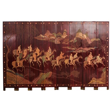 Chinese Export Eight Panel Coromandel Screen Horse Riding