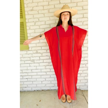 Mexican Dress // vintage sun beach cover swimsuit 70s boho hippie hippy red maxi // O/S 