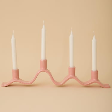 Pink wavy ceramic candelabra - handmade candle holder for four dinner candles 