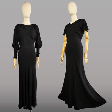 1930s Evening Gown / 1930s Black Bias Cut Dress with Matching Jacket / Art Deco Dress / 30s Black Crepe Gown / Size Small Medium 