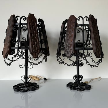 Vintage Spanish Gothic Revival  Wrought Iron & Wood Table Lamps - A Pair 