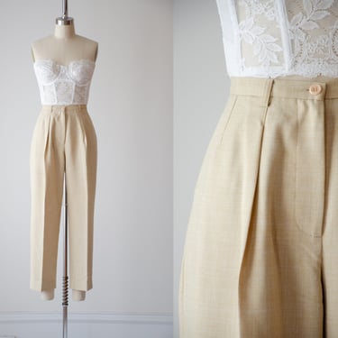 high waisted pants | 90s y2k vintage beige tan dark academia pleated straight leg cropped ankle trousers 