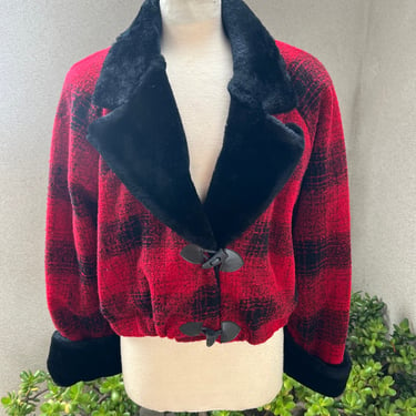 Vintage bomber 80s style jacket red black plaid faux fur pockets Sz M/L by Raya’s 