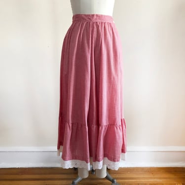 Red and White Gingham Prairie Skirt with Eyelet Trim - 1970s 