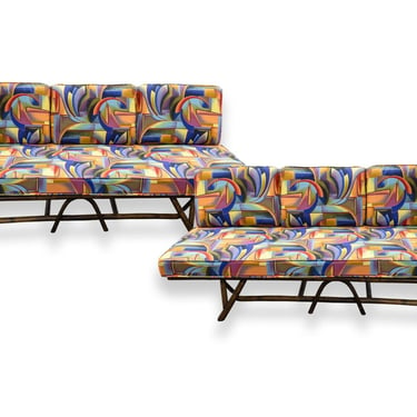 Mid Century Modern Pair of Ficks Reed Bamboo Chaise Sofas w/ Funky 90's Fabric 