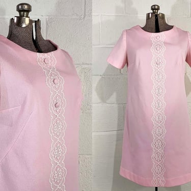 Vintage Powder Pink Dress Mod Short Sleeve Scooter Mid-Century Twiggy Textured Lace 1960s Large XL 