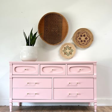 Pink Vintage Dresser with Brass and Lucite Hardware | Julie Simple Redesign  - Grand Rapids, MI | ATTIC