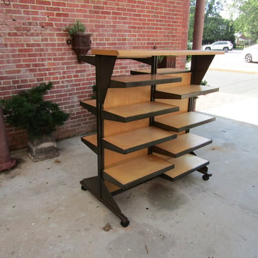 Vintage MCM steel and birch plywood rolling adjustable shelved double bookcase 