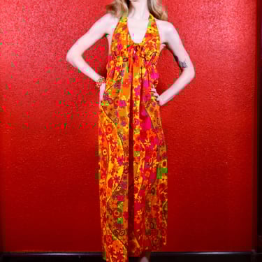 1960s Wild Hawaiian Style Halter Neck Maxi Dress 