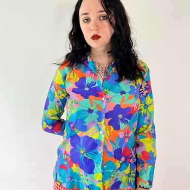 70's Day Glo Floral Button Up Blouse