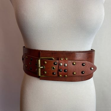 80’s Extra Wide thick brown leather dress belt studs and brass buckle New wave rocker boho 1980’s Women’s statement belts size SM/M 
