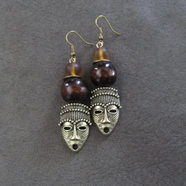 African mask earrings, tribal tiki, light matte gold, earth tones 