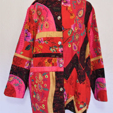 Vintage 1990s Sandy Starkman Cheongsam Jacket, XL Women, Multicolor Patchwork, embroidered 