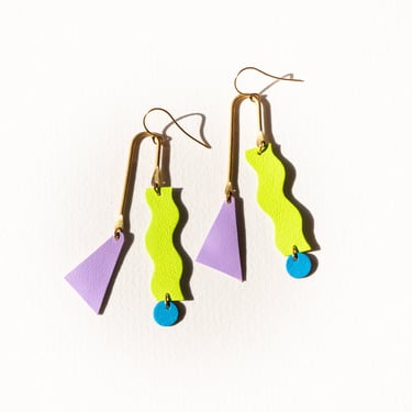 Squiggle Mobile Earrings in Acid Green / Purple  - Colourful Asymmetrical Statement Leather earrings with Geometric Shapes 