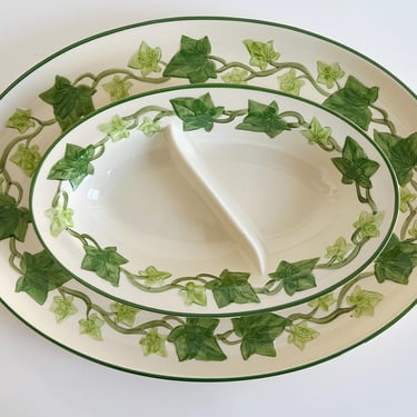 Franciscan Ivy Oval Serving Platter and Divided Vegetable Bowl Mid-Century Ceramic Stoneware California USA Vintage 1960s 