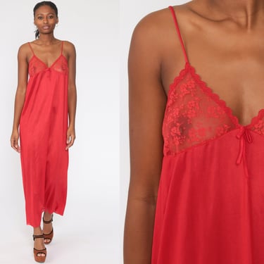 Sheer Red Nightgown Lingerie LACE Slip Dress 80s Maxi Nylon Boho Vintage Deep V Neck Empire Waist Spaghetti Strap Small S 