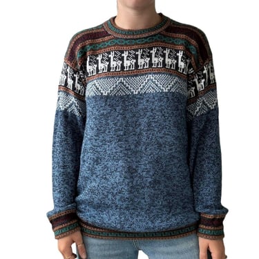 Peruvian Unisex Alpaca Fair Isle Blue Soft Crewneck Sweater Sz L 