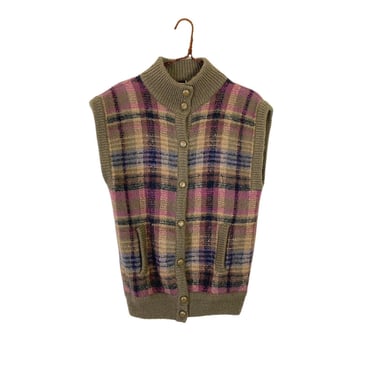 Vintage Weathervane Mohair Wool Sleeveless Sweater Pink Green Plaid Size Small 