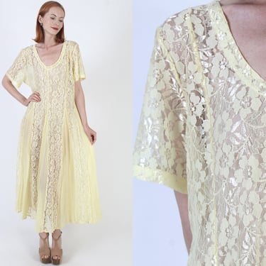 See Through 90s Gypsy Lace Dress Sheer Lightweight Grunge Outfit Pull On Canary Yellow Babydoll Sundress 