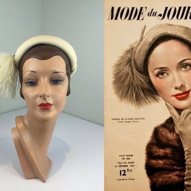 The Elegance Proceeds - Vintage 1950s Cream Ivory Wool Felt Caplet Hat w/Side Matching Feather Plume 