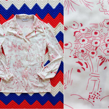 Unique Vintage 70s White Magenta/Red Trees & Flowers Patterned Long Sleeve Collared Blouse Shirt 