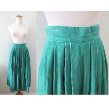 Vintage Teal Green Midi Skirt - High Waisted Corduroy A-line Spring Summer Skirt with Pockets - Size XS Extra Small 
