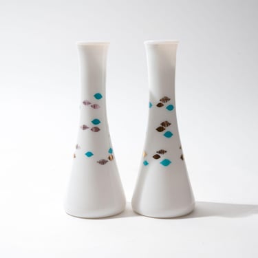 Set pf Two Midcentury Vases, White with Mod Graphics 