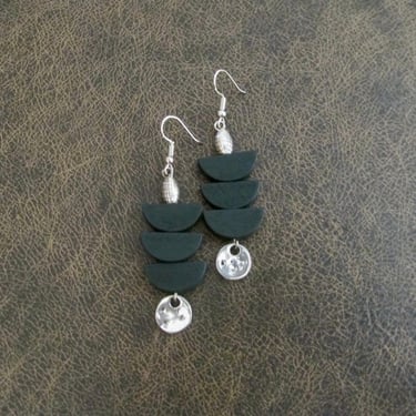 Green wooden earrings, Afrocentric earrings, mid century modern earrings, African earrings, bold statement, unique pagoda earrings 