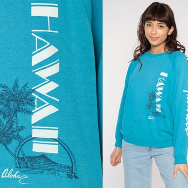 Hawaii Sweatshirt 80s Turquoise Blue Aloha Sweatshirt Palm Tree Beach Sweater Retro Tourist Graphic Raglan Pullover Vintage 1980s Large L 