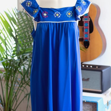 1970s Folk Floral Embroidered Slip Dress in Blue - Vintage Boho Flutter Sleeve Summer 