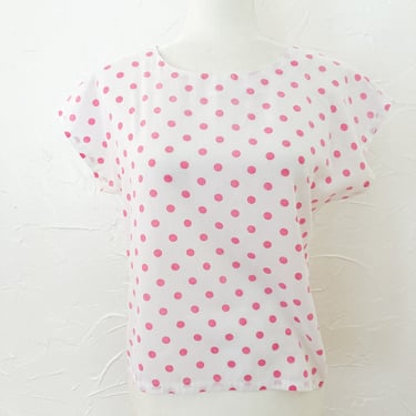 80s White and Pink Polka Dot Short Sleeve Blouse | Small/Medium 
