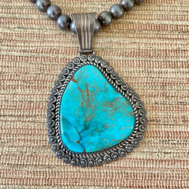 Vintage Navajo Turquoise Sterling Pendant Signed by Loren Thomas Begay with Necklace - LTB 