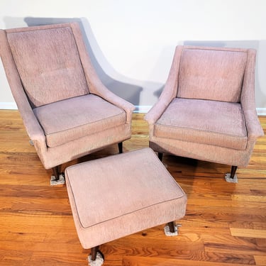 Mid Century Kroehler His and Hers Lounge Chairs with Ottoman 