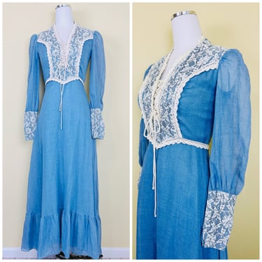 1970s Vintage Chambray Look Cotton Blend Prairie Dress / 70s Blue and White Lace Trim Bib Corset Maxi Gown / Small 