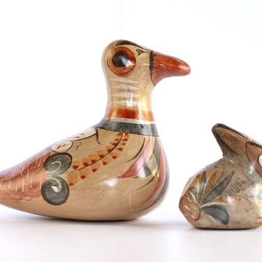 Vintage Tonala Mexican Folk Art Pottery Burnished Duck and Bunny Figures 