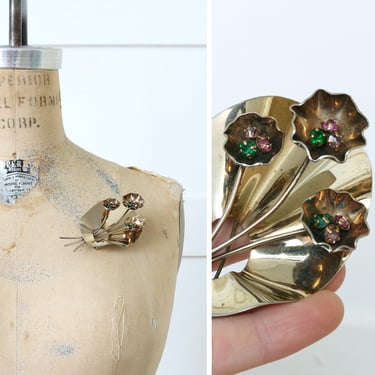 vintage 1940s 50s large sterling silver brooch • MCM flower bouquet statement brooch 