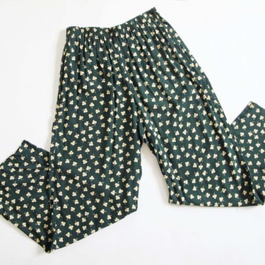 Vintage 90s Flowy Floral Wide Leg Pants M - Elastic Waist Dark Green Flower Print Bohemian Baggy Hippie Trousers 