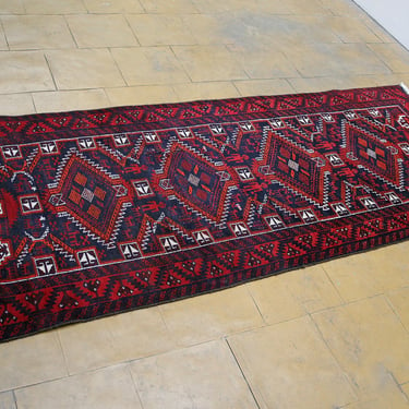 Vintage Afghan Tribal Baluch Rug Long Runner Traditional Wall Hanging Turkish Wool Oriental Decorative Geometric Red White Black Carpet Boho 